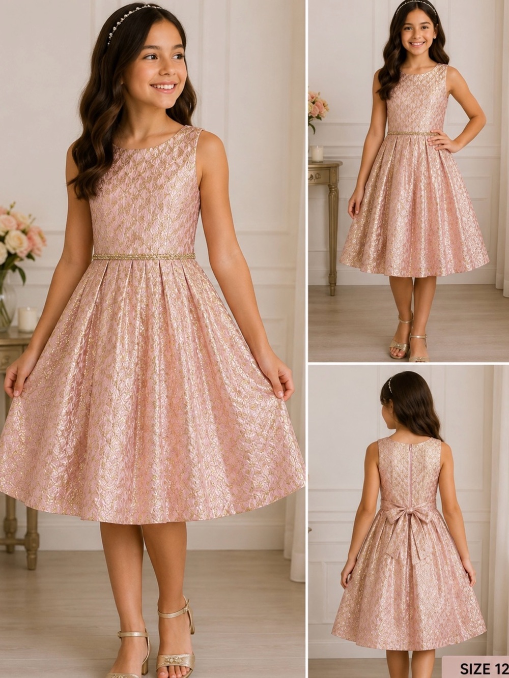 Tahari Girl Pink Gold Metallic Fit & Flare Party Dress Size 12